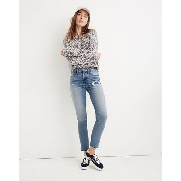 Madewell High Rise Petite Stovepipe Slim Straight Jeans Distressed Frayed Hem 25 - Picture 1 of 14